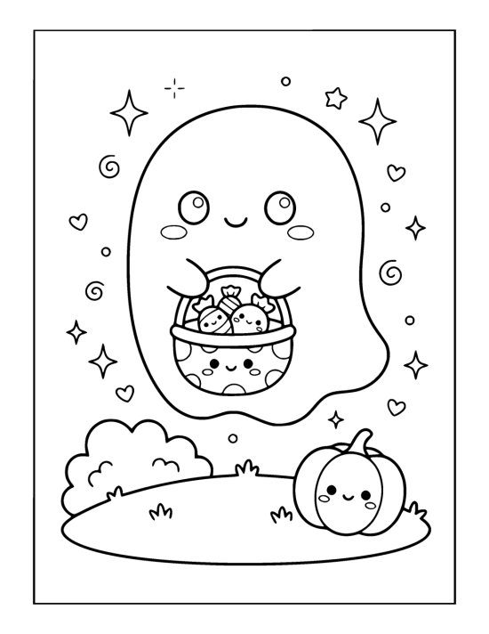 Round eyed ghost floats above a pumpkin while carrying a basket of candy coloring page
