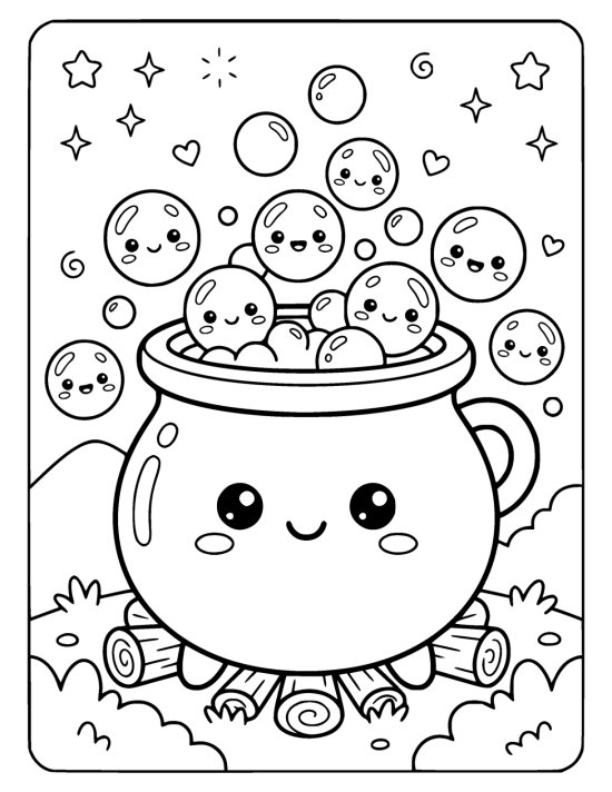 Grinning cauldron sits on stacked logs while cheerful bubbles float overhead coloring sheet