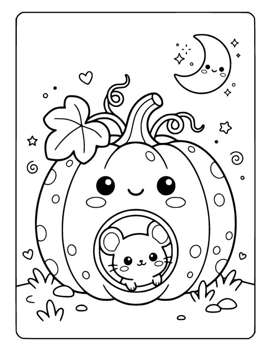 Tiny mouse peeks from the round window of a smiling carved pumpkin house coloring page