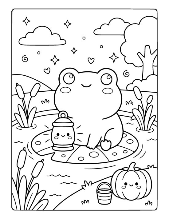 Round frog rests on a lily pad beside a glowing lantern and cattails coloring sheet