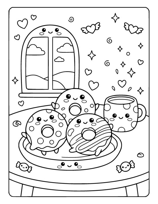 Three frosted donuts with happy faces sit on a plate near a mug drawn bold and easy