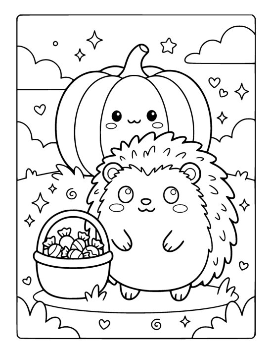 Plump hedgehog stands beside a candy basket and a smiling pumpkin at night coloring page