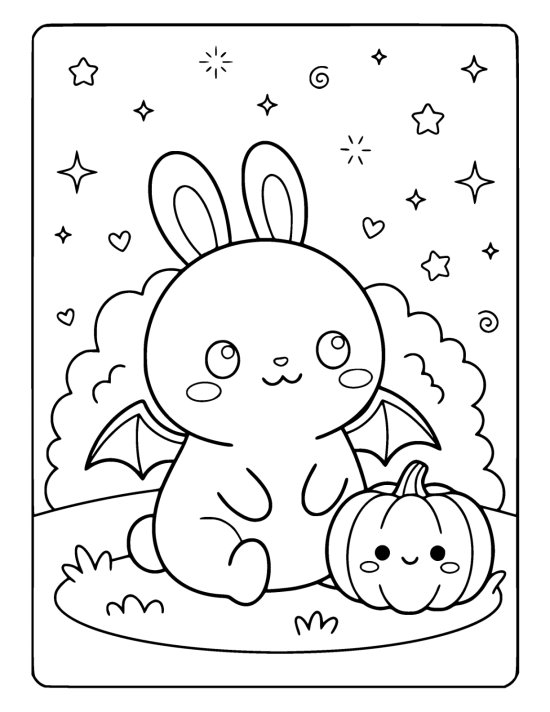 Round bunny wearing small bat wings sits next to a smiling carved pumpkin coloring sheet