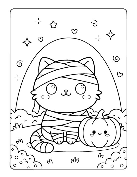 Cat wrapped in bandages sits beside a cheerful pumpkin under a starry sky coloring page
