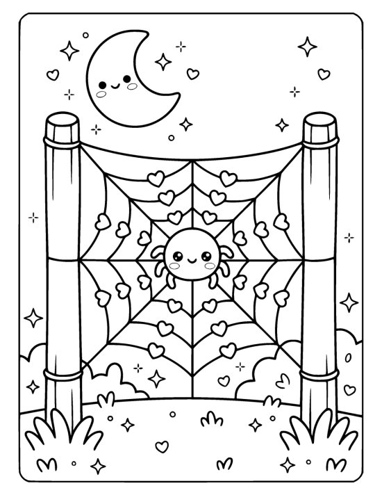 Small spider rests at the center of a heart filled web between two posts coloring sheet