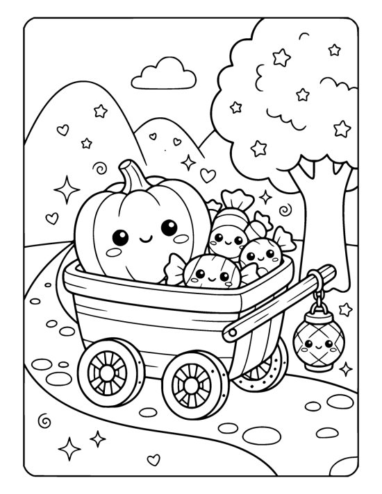 Wooden wagon carries a smiling pumpkin and wrapped sweets past a lantern drawn bold and easy