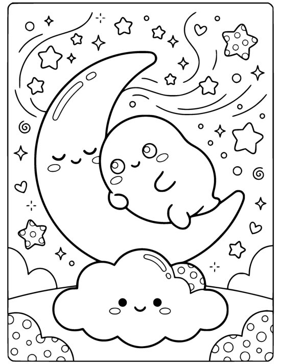 Sleepy ghost drapes over a crescent moon above a smiling cloud and stars coloring page