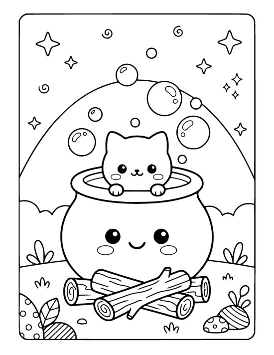 Kitten peeks over the rim of a smiling cauldron ringed by floating bubbles coloring sheet