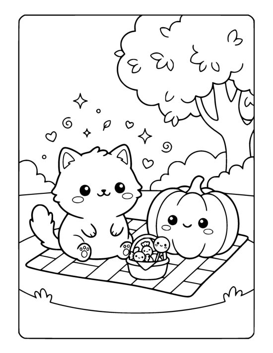Cat sits on a striped blanket beside a grinning pumpkin and candy basket coloring sheet