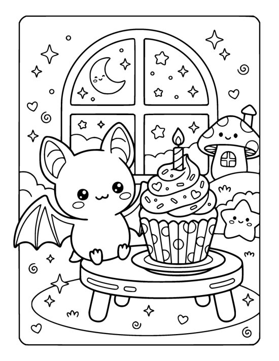 Chubby bat sits beside a frosted cupcake near an arched window drawn bold and easy