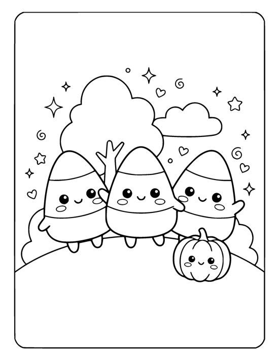 Three candy corn friends stand together on a hill beside a small pumpkin coloring page