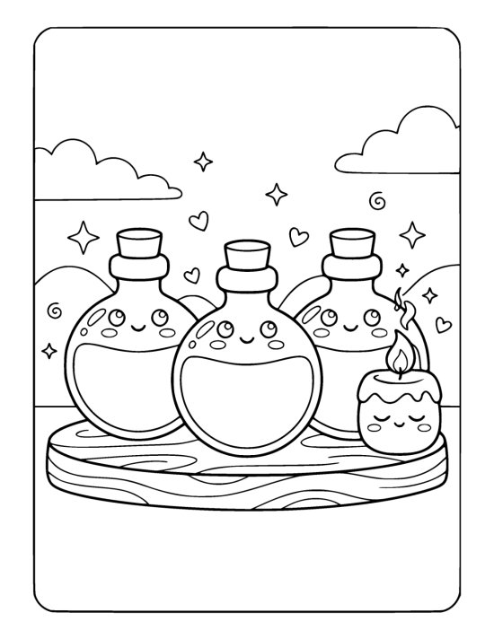 Three smiling potion bottles rest on a wooden tray beside a lit candle coloring sheet