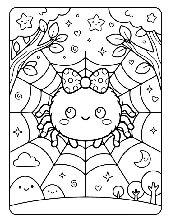 Smiling spider wearing a bow sits on a wide web above two small ghosts coloring page
