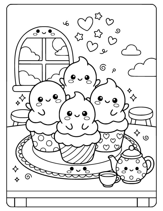 Four ghost topped cupcakes crowd a plate beside a smiling teapot and cup coloring sheet