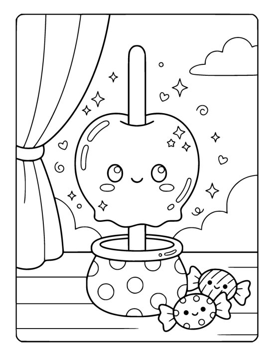 Glossy candy apple sits in a spotted pot next to wrapped sweets drawn bold and easy