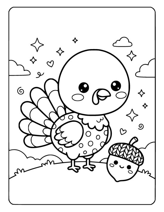 Tiny chibi turkey with big shining eyes and a wide fanned tail standing on a grassy mound on a coloring page