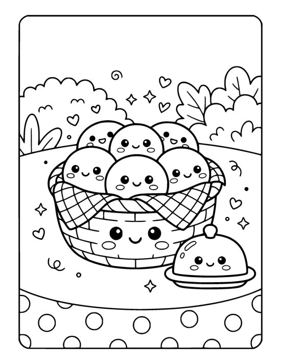 Round woven basket with a smiling face filled with dinner rolls that each have happy faces, with a checked cloth tucked around them on a coloring sheet