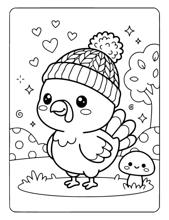 Round chibi turkey wearing a knitted beanie with a fat pompom, standing on grass beside a smiling mushroom on a coloring page