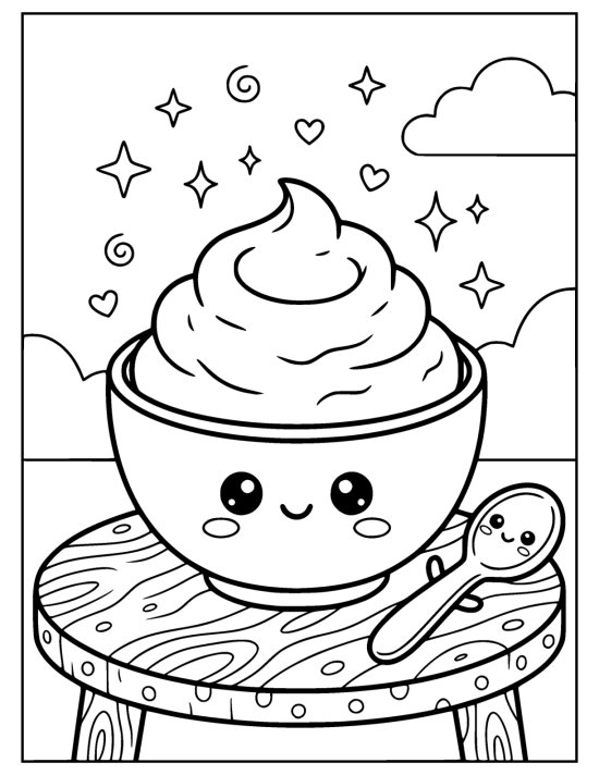 Fat round bowl with a smiling face heaped with a soft swirl of mashed potato beside a smiling spoon on a coloring sheet