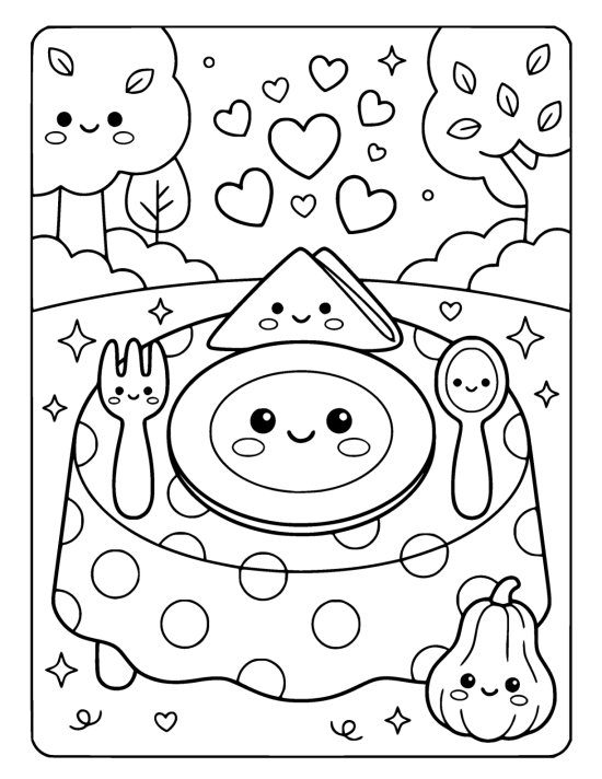 Round plate with a smiling face set with a chunky fork and spoon, a folded napkin and a small smiling gourd on a coloring page