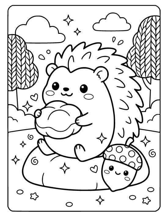 Plump hedgehog with a happy face holding an oversized dinner roll in its paws beside a smiling acorn on a coloring sheet