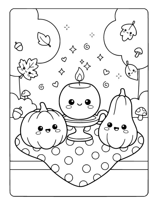 Fat round candle with a smiling face standing between two plump gourds that each have happy faces on a coloring page