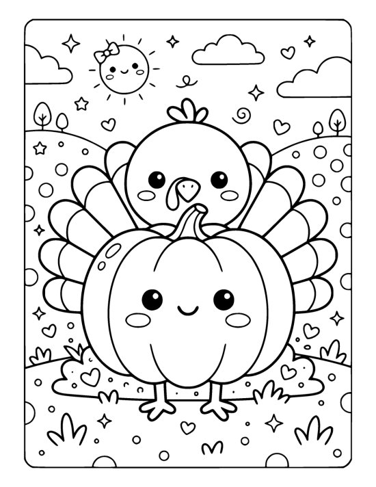 Round chibi turkey peeking out from behind a fat smiling pumpkin with its head and fanned tail showing on a coloring sheet