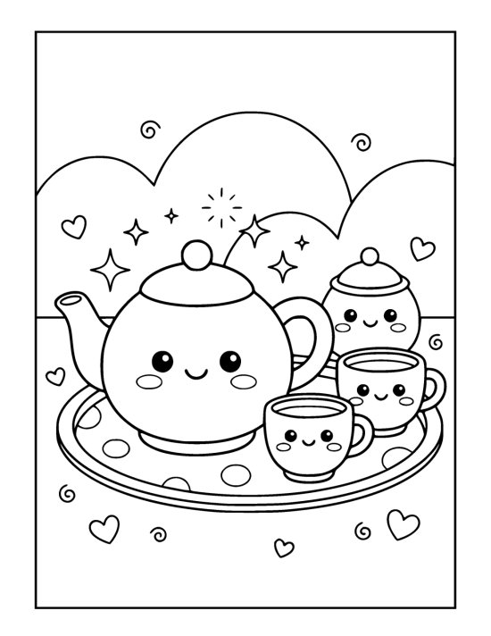 Fat round teapot with a smiling face beside two chubby cups with happy faces on a rounded tray on a coloring page