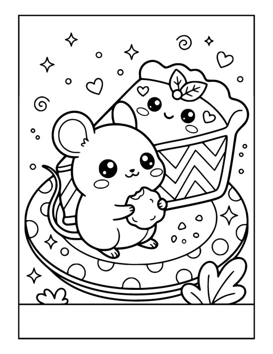Tiny round mouse with big shining eyes holding a fat crumb, standing on a plate rim beside a smiling slice of pie on a coloring sheet