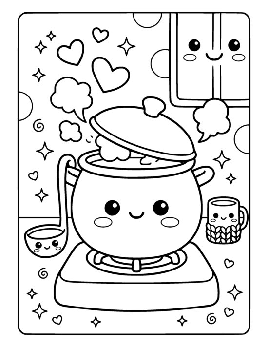 Fat round cooking pot with a smiling face and a tipped lid with steam puffs rising, with a smiling ladle hooked on the side on a coloring page