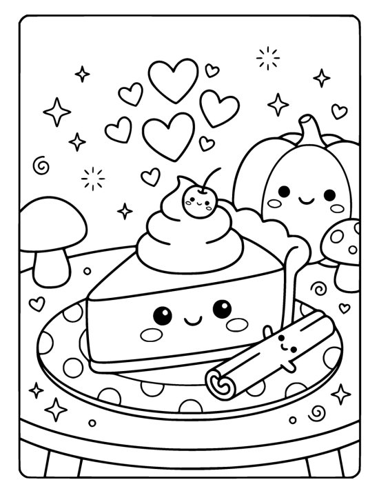 Wedge of pumpkin pie with a smiling face and a swirl of cream on a plate beside a smiling cinnamon stick on a coloring sheet