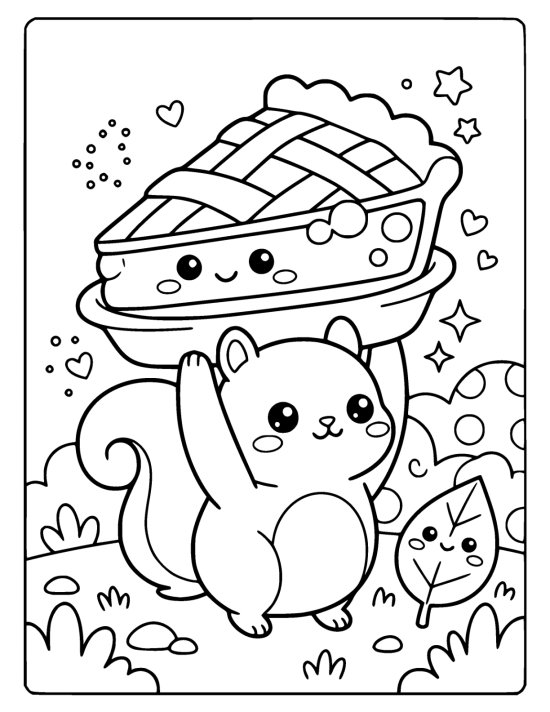 Tiny round squirrel carrying an oversized slice of pie above its head, standing on grass beside a smiling leaf on a coloring sheet
