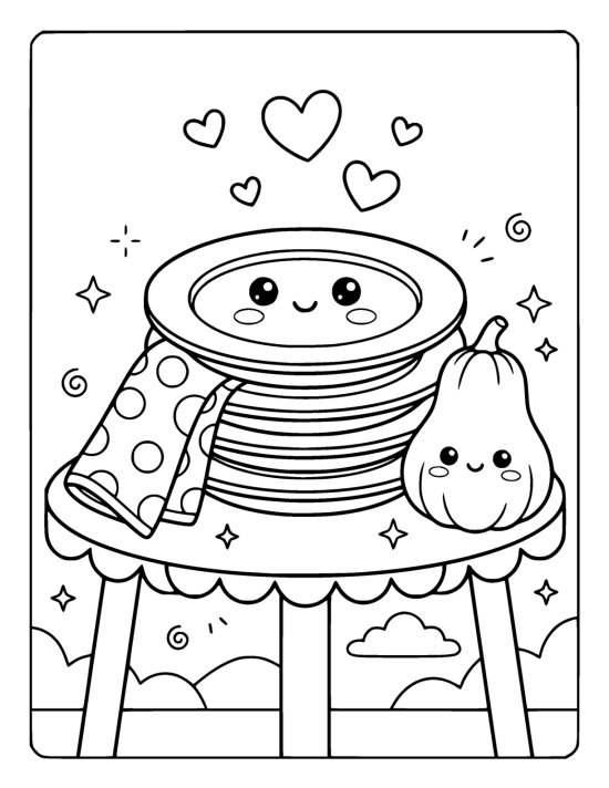 Neat stack of four round plates with a smiling face on the top one, a folded napkin leaning against it and a smiling gourd beside on a coloring page
