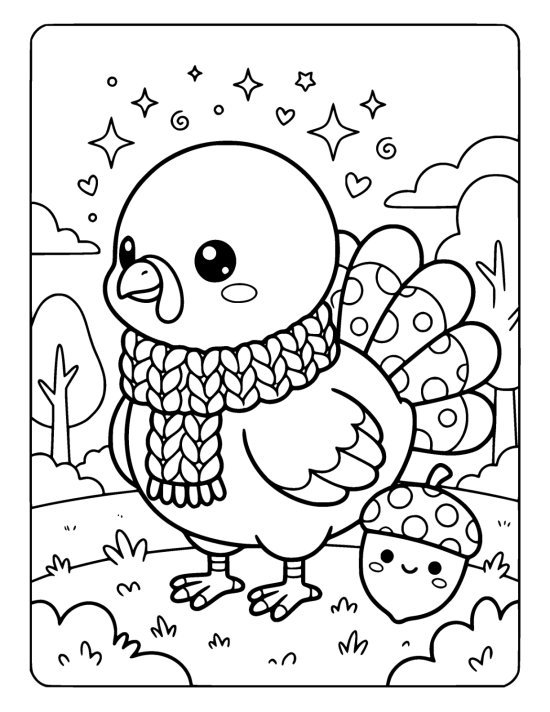 Round chibi turkey wearing a chunky knitted scarf standing on grass beside a smiling acorn on a coloring sheet