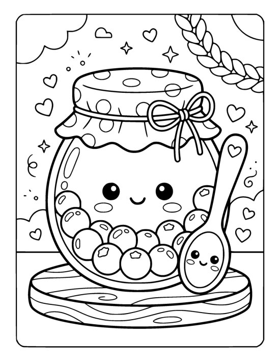 Fat round jar with a smiling face and a cloth tied over the lid, filled with round berries, beside a smiling spoon on a coloring page