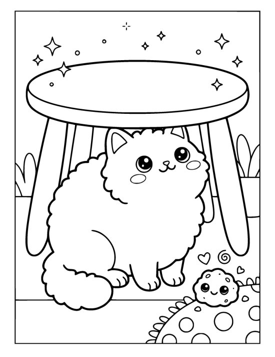 Round fluffy cat with big shining eyes sitting under a table looking up, with a smiling crumb on the floor beside it on a coloring sheet