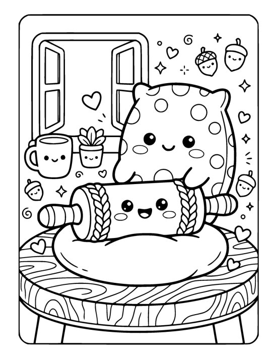 Fat rolling pin with a smiling face resting on a round disc of dough beside a smiling flour sack on a coloring page