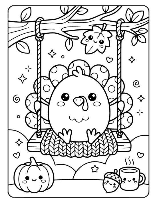 Round chibi turkey sitting on a wide swing seat hung from a thick branch with a smiling leaf above on a coloring sheet