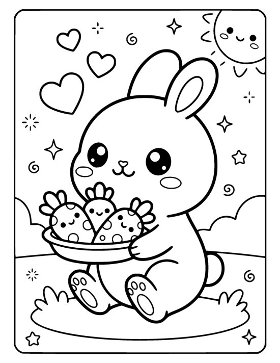 Round chibi bunny holding a shallow dish of carrots that each have happy faces, sitting on rounded grass on a coloring page