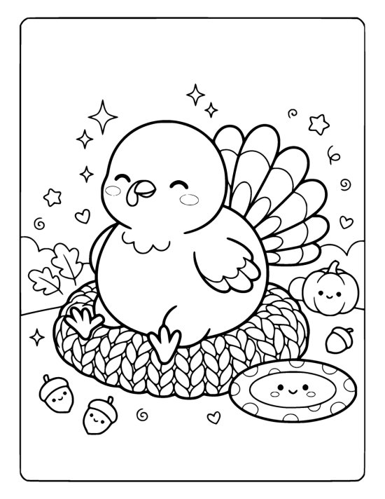 Very round chibi turkey with closed eyes and a contented smile sitting back on a cushion beside an empty smiling plate on a coloring sheet