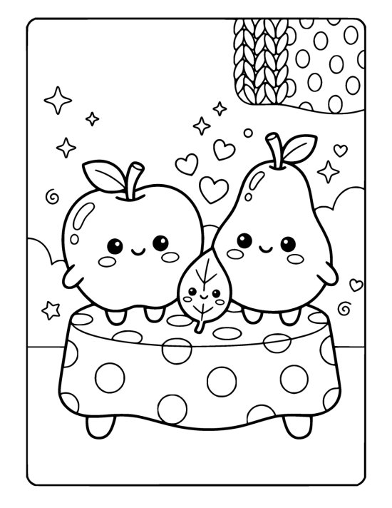 Plump apple and plump pear standing side by side with smiling faces and a smiling leaf between them on a coloring page