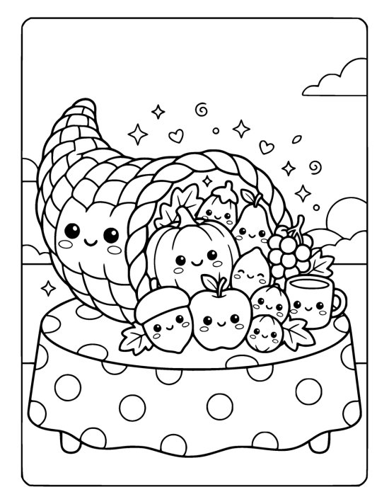 Fat woven cornucopia with a smiling face spilling fruit and gourds that each have happy faces on a coloring page