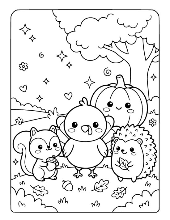 Round chibi turkey standing between a smiling squirrel and a plump hedgehog on a grassy mound with a smiling pumpkin behind on a coloring sheet