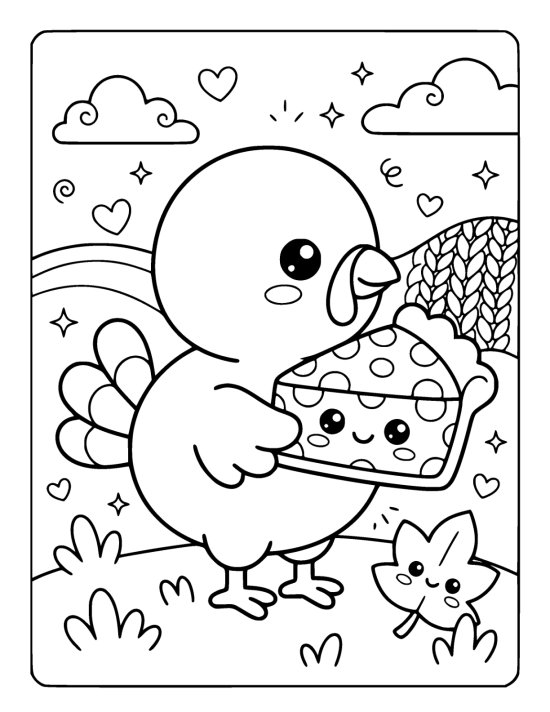 Round chibi turkey holding an oversized slice of pie that has its own happy face, standing on rounded grass on a coloring sheet