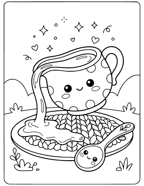 Little gravy boat with a smiling face pouring a thick ribbon onto a plate beside a smiling spoon on a coloring page