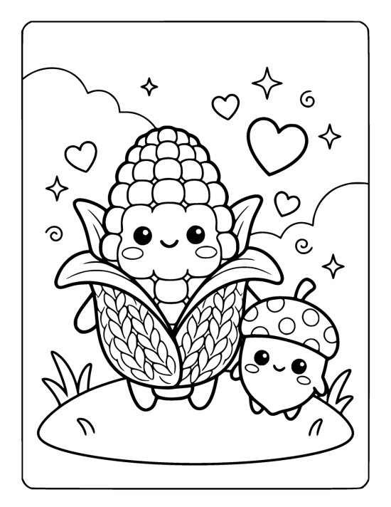 Plump corn cob with a smiling face and husks peeled back like arms, standing beside a smiling acorn on a coloring sheet