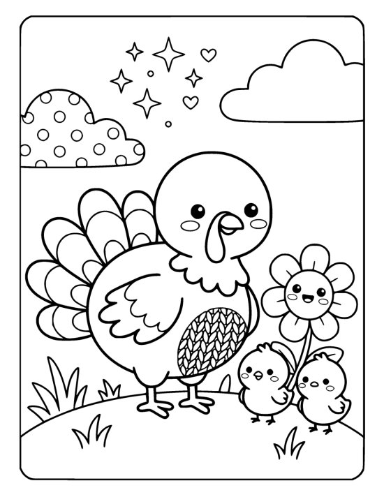 Round mother turkey with two tiny chicks standing beside her on a grassy mound with a smiling flower on a coloring page