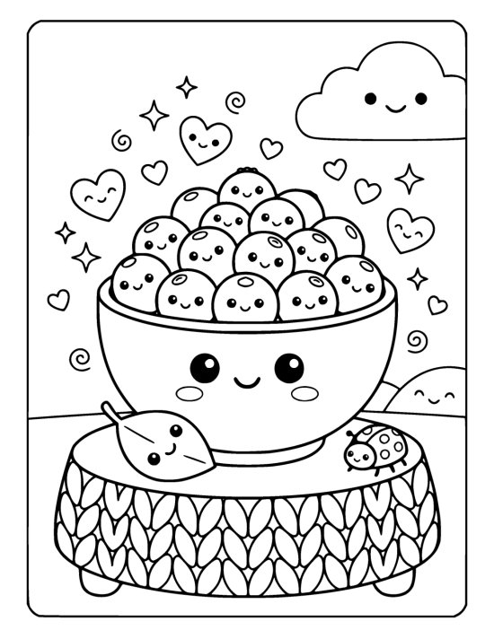 Fat round bowl with a smiling face heaped with cranberries that each have tiny happy faces on a coloring sheet