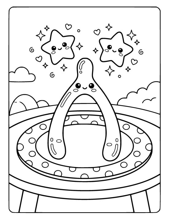 Chunky wishbone with a smiling face on its knuckle lying on a round plate on a coloring page