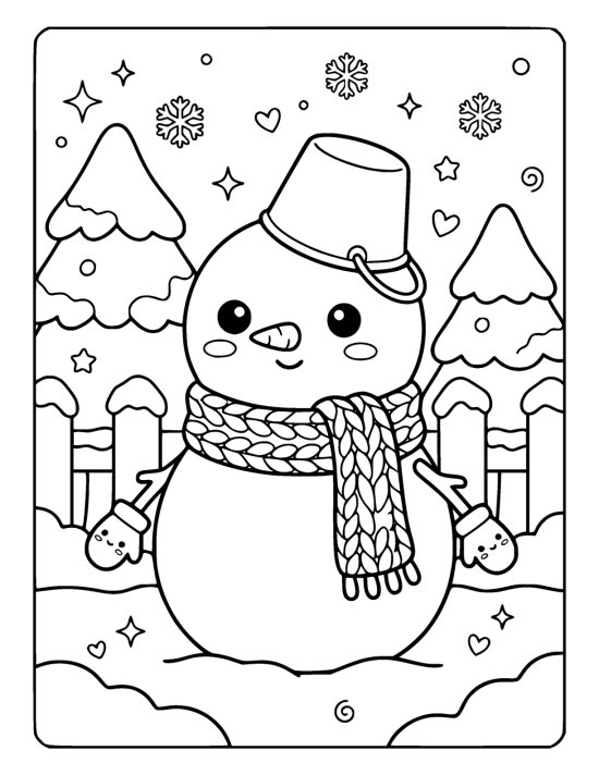 A chibi snowman with a cute face, carrot nose, twig arms, a scarf and a bucket hat in a snowy garden on a coloring page